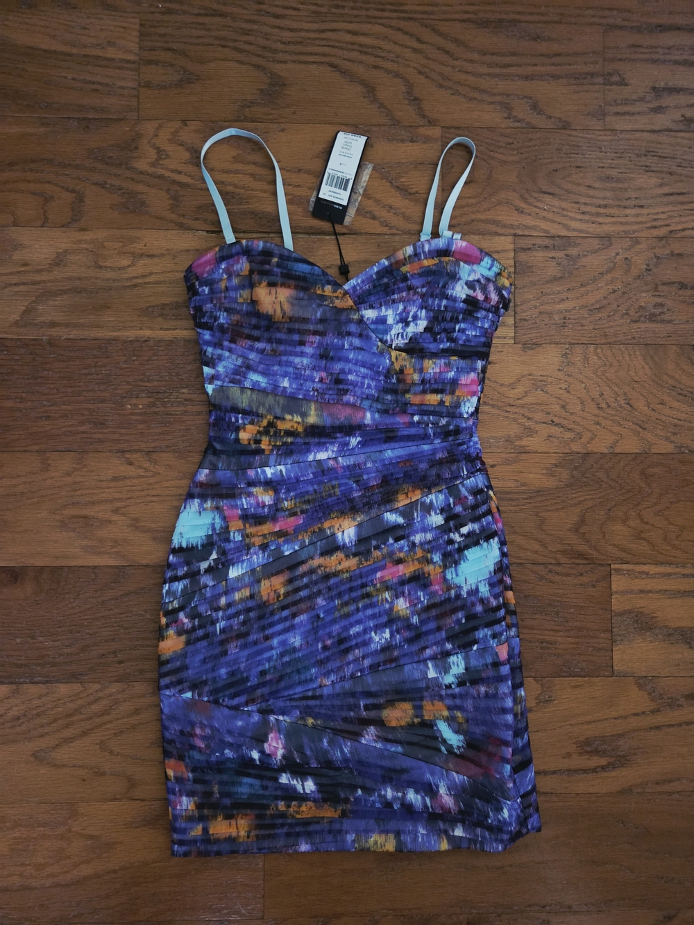 BCBGMaxAzria Purple Multi-Color Ruched Mini Dress. Corset Style.